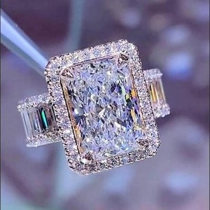 5.00 CT Radiant Cut Moissanite Diamond Ring, Halo With Baguette Diamond Pave Accents Wedding CZ Diamond Ring, Anniversary Gift For Women