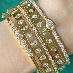 Hexagon Bezel Set Diamond Bangle, Marquise, Oval, Emerald & Pear Cut Simulated Diamond Flush Bangle, East West Pear Cut Diamond Pave Bangle
