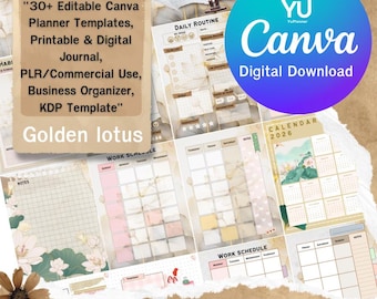 YuPlanner Digital Planner : Golden lotusTheme Digital Download Canva PDF file