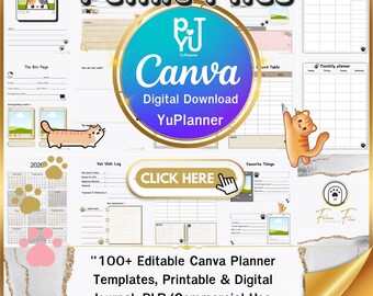 Feline Files: Canva planner template, 180 editable pages, 8.5x11 inch pet care notebook, printable and digital pet organizer YuPlanner