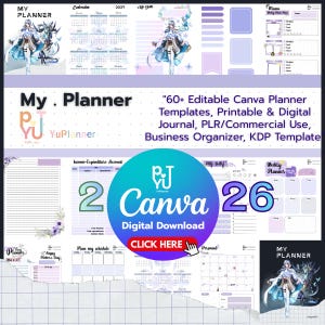 May include: A digital planner template with a fantasy art theme. The image includes calendar pages, a weekly planner, and a Canva digital download button. Text includes "My Planner" and "60+ Editable Canva Planner Templates."