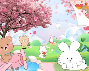 Kawaii Animal Art Print Set, Bunny, Bear, Japan Garden, Nursery Decor (Digital Download)