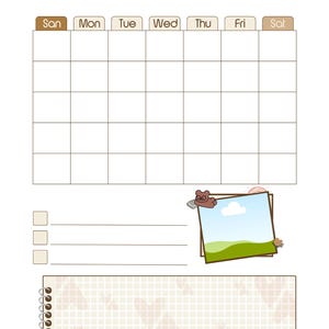 以下が含まれることがあります： 「WEEKLY PLANNER」の文字が入った、スケジュール用のグリッドレイアウトの週間プランナー。 チェックボックス、メモ帳、クマのイラストが入った風景写真が含まれています。 デザインは茶色と白のトーンです。