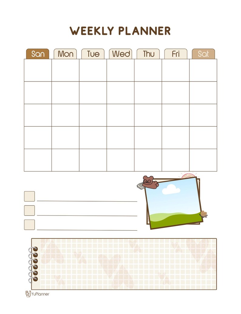 以下が含まれることがあります： 「WEEKLY PLANNER」の文字が入った、スケジュール用のグリッドレイアウトの週間プランナー。 チェックボックス、メモ帳、クマのイラストが入った風景写真が含まれています。 デザインは茶色と白のトーンです。