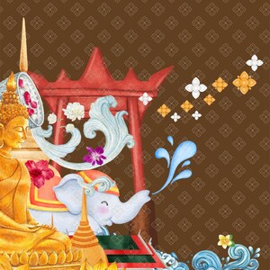 以下が含まれることがあります： 金色の仏像、赤い寺院の門、白い象を描いた水彩イラスト。水しぶき、蓮の花、装飾的な花の要素が、茶色の模様の背景に描かれています。