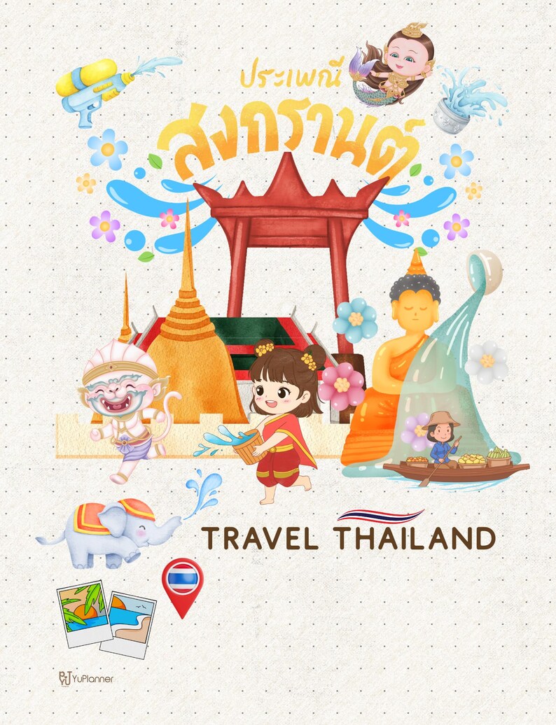 以下が含まれることがあります： タイへの旅行を促進するカラフルなイラスト。漫画のキャラクター、伝統的な建築物、水の要素が特徴です。画像には、タイ語の「ソンクラーン」と「Travel Thailand」の文字が含まれています。