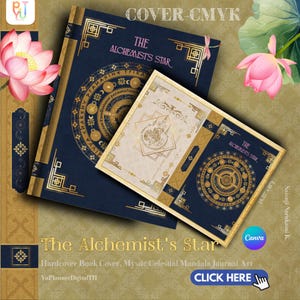 May include: A dark blue hardcover book cover titled The Alchemist's Star, featuring gold celestial mandala illustrations and geometric corner accents. A smaller rectangular insert displays a cream-colored panel with intricate gold line art designs.