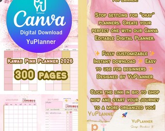 Kawaii Pink 2026 Planner, Canva Editable, Daily Weekly Monthly (Digital Download)