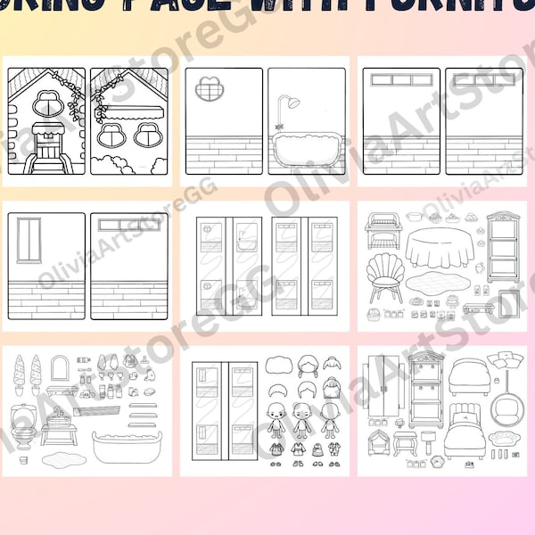 Toca Boca coloring page Apartment House uncolour toca boca life papercraft quiet book pages Printable paper dolls rooms and furnitures