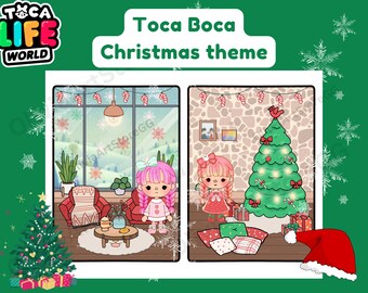 Printable Toca Boca Christmas gifts themed paper doll house quiet book DIY project Christmas decorated rooms papercraft for kid activity