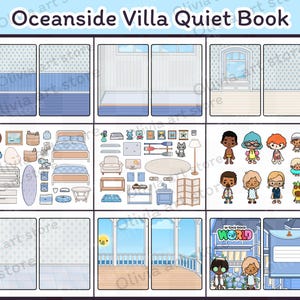Peut inclure: Un livre silencieux imprimable pour enfants représentant une villa au bord de la mer avec une chambre à coucher, un salon et un patio extérieur. Le livre comprend divers meubles, accessoires et personnages. Le livre comprend également une page avec le titre "Notre monde du livre".