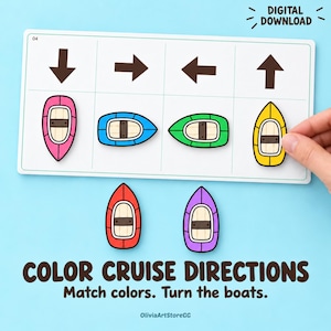 Könnte beinhalten: Ein digitales Arbeitsblatt mit dem Titel COLOR CRUISE DIRECTIONS und dem Text Match colors. Turn the boats. Es zeigt ein Raster mit Richtungspfeilen und bunten Bootsymbolen in den Farben Pink, Blau, Grün, Gelb, Rot und Violett.
