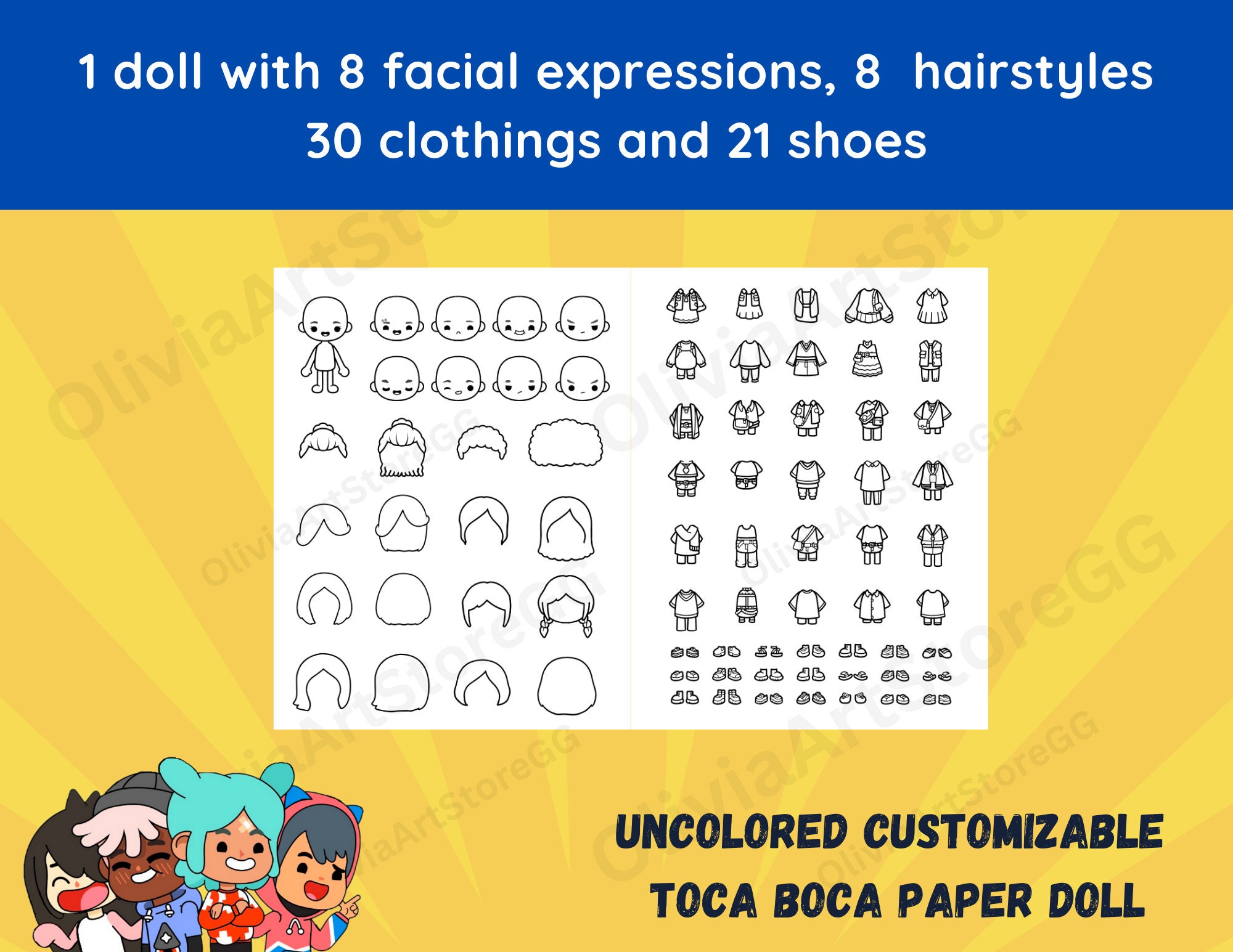 Toca Boca Printable Paper Doll Dress up Doll Customizable 