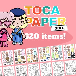 Op de afbeelding: Een roze achtergrond met de tekst "TOCA PAPER DOLL" en "320 items!". Twee cartoonpoppen houden elkaars hand vast. De pop links draagt een roze jurk en een hartvormige bril. De pop rechts draagt een blauwe jurk en een baret.