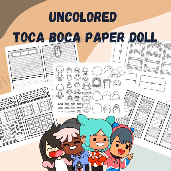 Kleur Toca Boca papieren pop met kleding, huis, kamer, kledingkast / kleurplaat / Toca Boca papercraft / rustige boekpagina's / afdrukbare pop