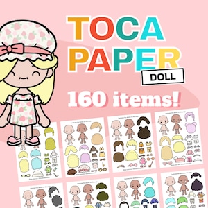 Op de afbeelding: Een digitale Toca Paper Doll-set met een cartoonmeisje-illustratie en de tekst "TOCA PAPER DOLL" in kleurrijke letters. De afbeelding bevat 160 items, met diverse papieren poppenkleding en accessoires op een roze achtergrond.