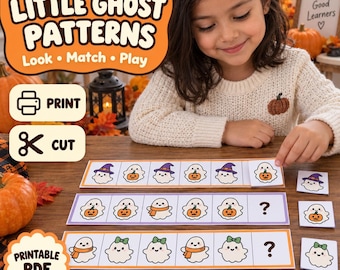 Könnte beinhalten: Ein druckbares PDF-Aktivitätsset mit dem Titel Little Ghost Patterns, das Reihen von illustrierten Geistern mit Kürbissen, Schals und Schleifen zeigt. Das Spiel enthält Karten zum Ausschneiden, um logische Musterfolgen zu vervollständigen.