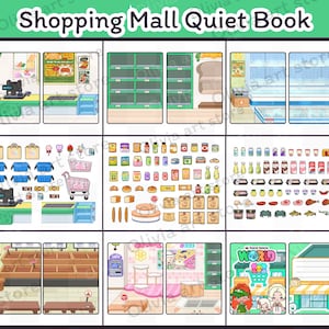 Shoppingmall Spielset | Druckbares Montessori Busy Buch für Kleinkinder | Vorgetäuschter Kaufmannsladen mit Kassierer, Essen & Kasse