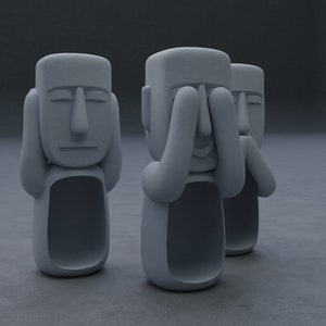 以下が含まれることがあります： 3つの灰色の顔の像、それぞれ異なる表情をしています。最初の像は耳に手を当て、2番目の像は目に手を当て、3番目の像は口に手を当てています。