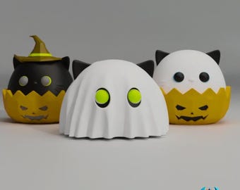May include: Three Halloween-themed plush toys: a black cat wearing a witch's hat, a white ghost with green eyes, and a white cat with a pumpkin face.