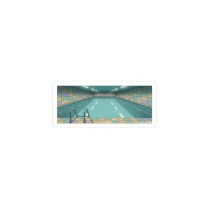 May include: A sticker featuring an illustration of an indoor swimming pool. The pool is a light blue color with white lane lines. The walls are tiled with a mix of pastel colors. A ladder is visible at the shallow end.