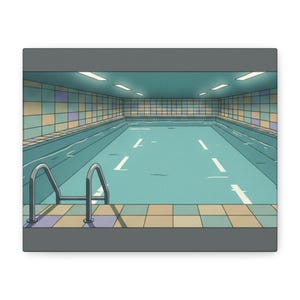 Könnte beinhalten: Illustration eines Hallenbades. Das Becken ist mit hellblauem Wasser gefüllt und hat weiße Bahnen. Die Wände sind mit einer Mischung aus blauen, gelben und grünen Quadraten gefliest. Auf der Seite befindet sich eine Metallleiter.