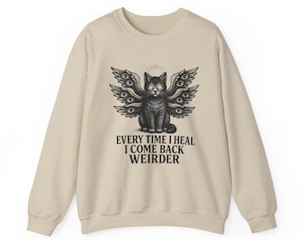 Sudadera con capucha de gato negro alado "Cada vez que me curo, vuelvo más raro" / Cuello redondo de gato gótico