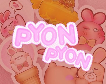 Könnte beinhalten: Ein Set mit rosa und braunen Hasenaufklebern mit dem Wort "PYON" in rosa Blasenbuchstaben. Die Aufkleber zeigen verschiedene Designs, darunter einen Hasen, der einen Kuchen hält, einen Hasen in einem Eiswaffelhörnchen und einen liegenden Hasen.