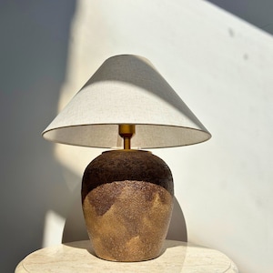 Handmade Lamp Textured Clay Lamp Natural Ceramic Table Lamp Linen Lampshade Farmhouse Home Style handmade pottery lamp image 3