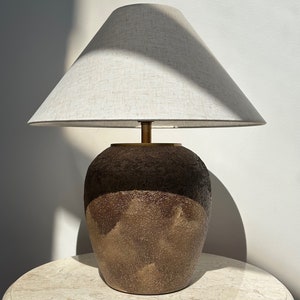 Handmade Lamp Textured Clay Lamp Natural Ceramic Table Lamp Linen Lampshade Farmhouse Home Style handmade pottery lamp image 5
