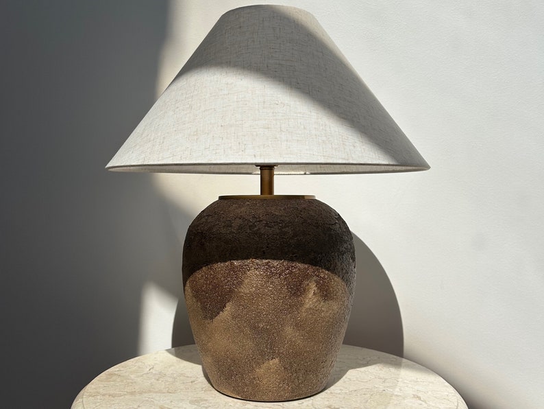 Handmade Lamp Textured Clay Lamp Natural Ceramic Table Lamp Linen Lampshade Farmhouse Home Style handmade pottery lamp image 5