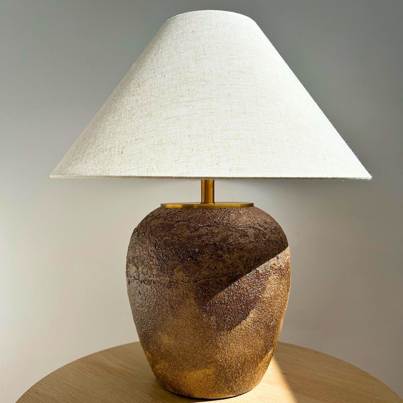 Handmade Lamp Textured Clay Lamp Natural Ceramic Table Lamp Linen Lampshade Farmhouse Home Style handmade pottery lamp image 2