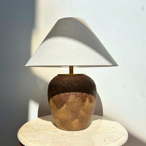 Handmade Lamp Textured Clay Lamp Natural Ceramic Table Lamp Linen Lampshade Farmhouse Home Style handmade pottery lamp image 1