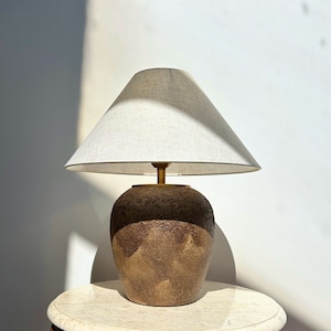 Handmade Lamp Textured Clay Lamp Natural Ceramic Table Lamp Linen Lampshade Farmhouse Home Style handmade pottery lamp image 8