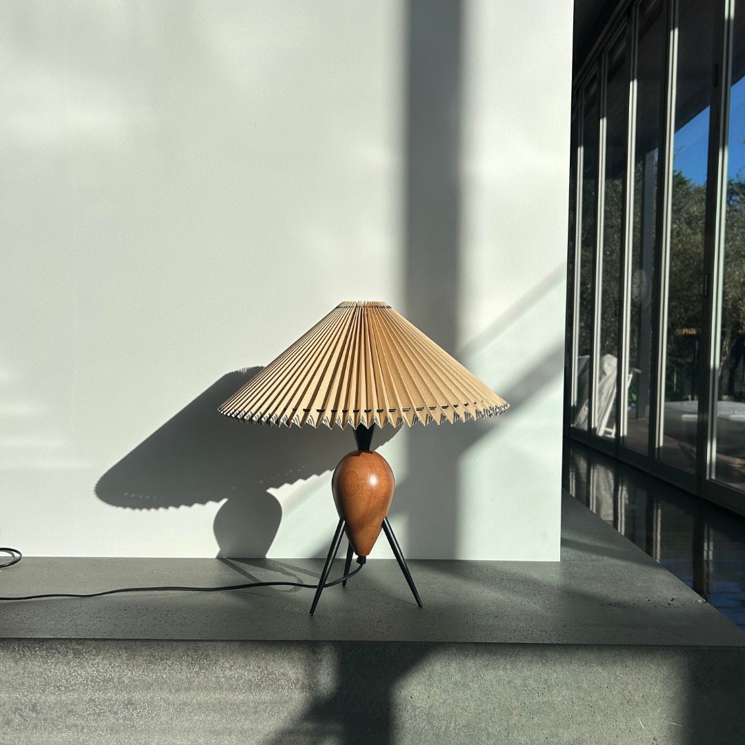 Mid Century Danish Japandi Style Wooden Pleated Lampshade Table Lamp ...