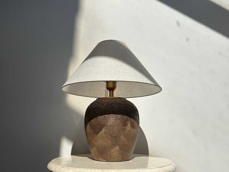 Handmade Lamp Textured Clay Lamp Natural Ceramic Table Lamp Linen Lampshade Farmhouse Home Style handmade pottery lamp image 4
