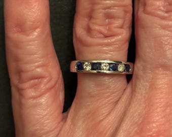 Vintage Sapphire & Diamond Ring Channel Set 18K White Gold Size 6.75, 3 Brilliant Cut Round Diamonds and 4 Sapphires, approximately .35 CTW!