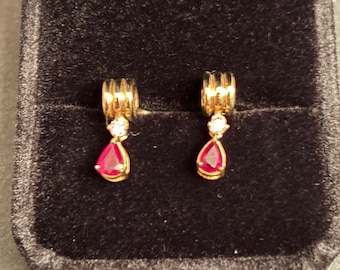 Vintage Pear Shaped Ruby and Diamond Artisan Hand Crafted Drop Earrings, Custom Designed, 18K/750 Yellow Gold Stamp. Stunning on the Ear!