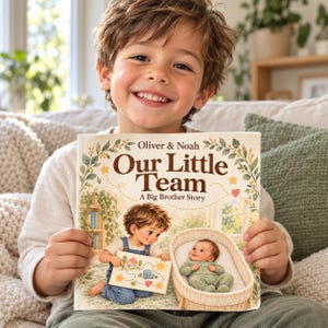 Peut inclure: Un livre d'images pour enfants intitulé Our Little Team A Big Brother Story illustré avec un jeune enfant en salopette bleue tenant une carte à côté d'un bébé dans un couffin en osier avec des feuillages verts et des étoiles sur la couverture.