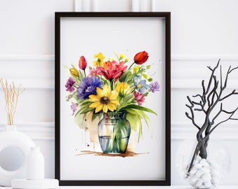 Digital Download Wildflowers, Colorful Wildflower Art, Watercolor Flower Vase, Colorful Floral Prints, Printable Watercolor Flowers
