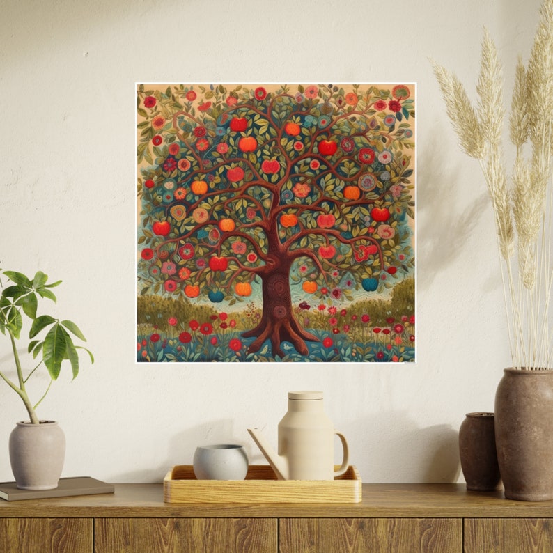 Vintage Cottagecore Decor: Country Kitchen Apple Tree Folk Art Print Poster Frame is not included image 5