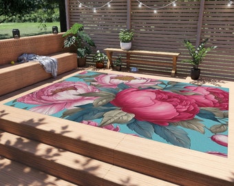100% Chenille Outdoor Rug with Pink Peonies
