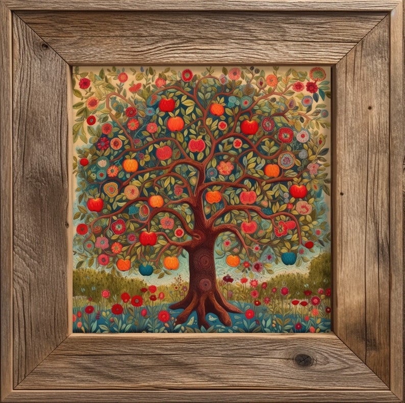 Vintage Cottagecore Decor: Country Kitchen Apple Tree Folk Art Print Poster Frame is not included image 1
