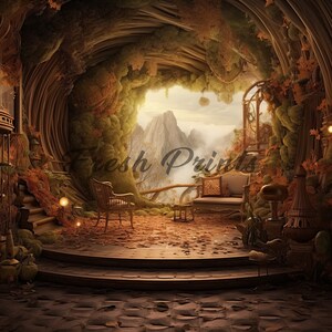 May include: A fantasy-themed backdrop with a mossy, cave-like entrance leading to a scenic view of mountains. The scene features a wooden chair, a couch, and a small table, all placed on a stone floor with a set of steps leading up to a platform.
