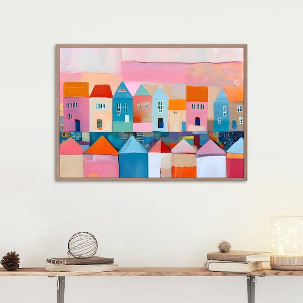 Art Print, Painting of Colorful Houses. Original Artwork, FUN, CUTE, Wall Hanging to Brighten and Bring Joy to Any Space!