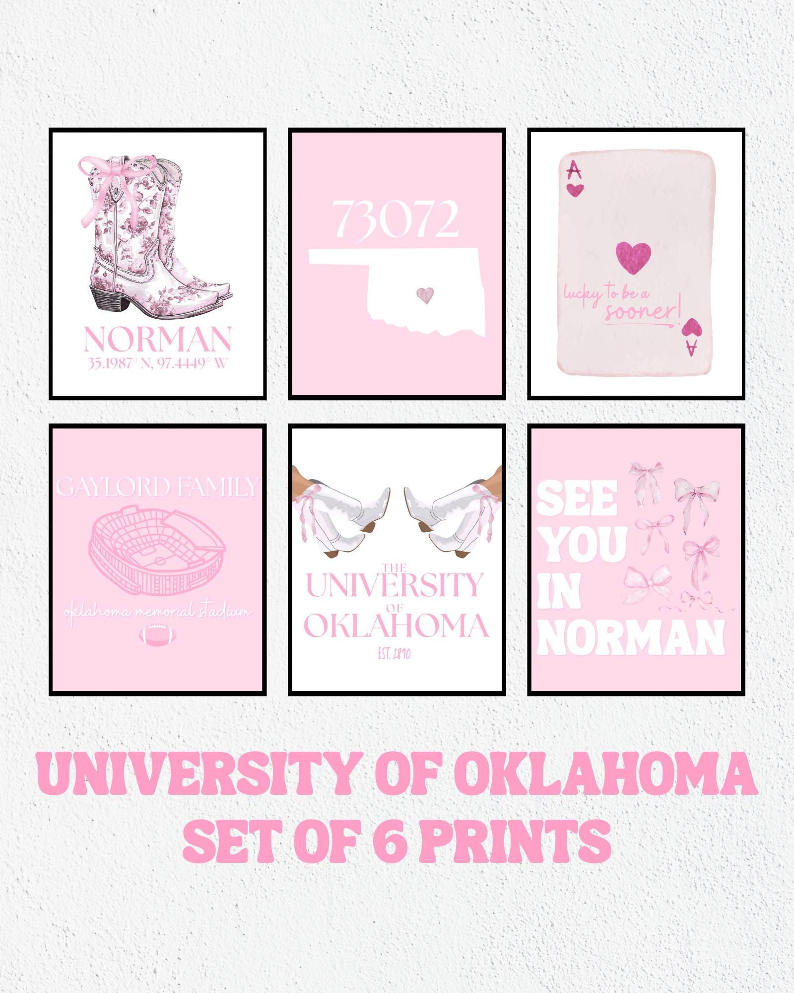 University of Oklahoma Pink and White Prints, Pink and White College Prints, Norman Prints, Oklahoma Prints, Dorm Prints