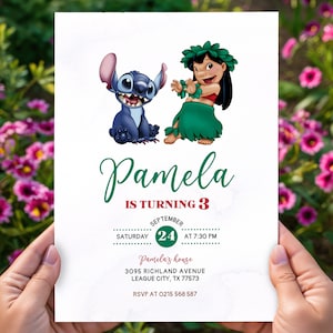 Lilo and Stitch birthday invitation editable and Free thank you tag, and mobile Lilo and Stitch birthday invitation, Editable Canva