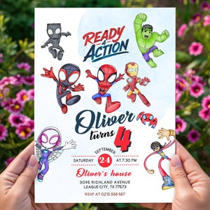 Carte d'invitation quatre actions prêtes à l'emploi, invitation 4e anniversaire spiderman avec étiquettes de remerciement GRATUITES et invitation pour téléphone modèle personnalisable sur toile