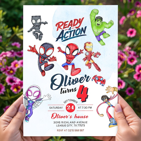 Ready four action invitation, spiderman 4th birthday invitation with FREE Thank You Tags & Phone Invitation Customizable Canva Template