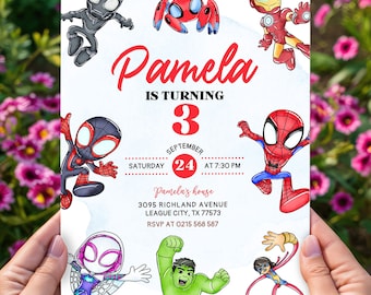 Spidey and his amazing friends birthday invitation with FREE Spidey Thank You Tags & Spidey Phone Invitation Customizable Canva Template
